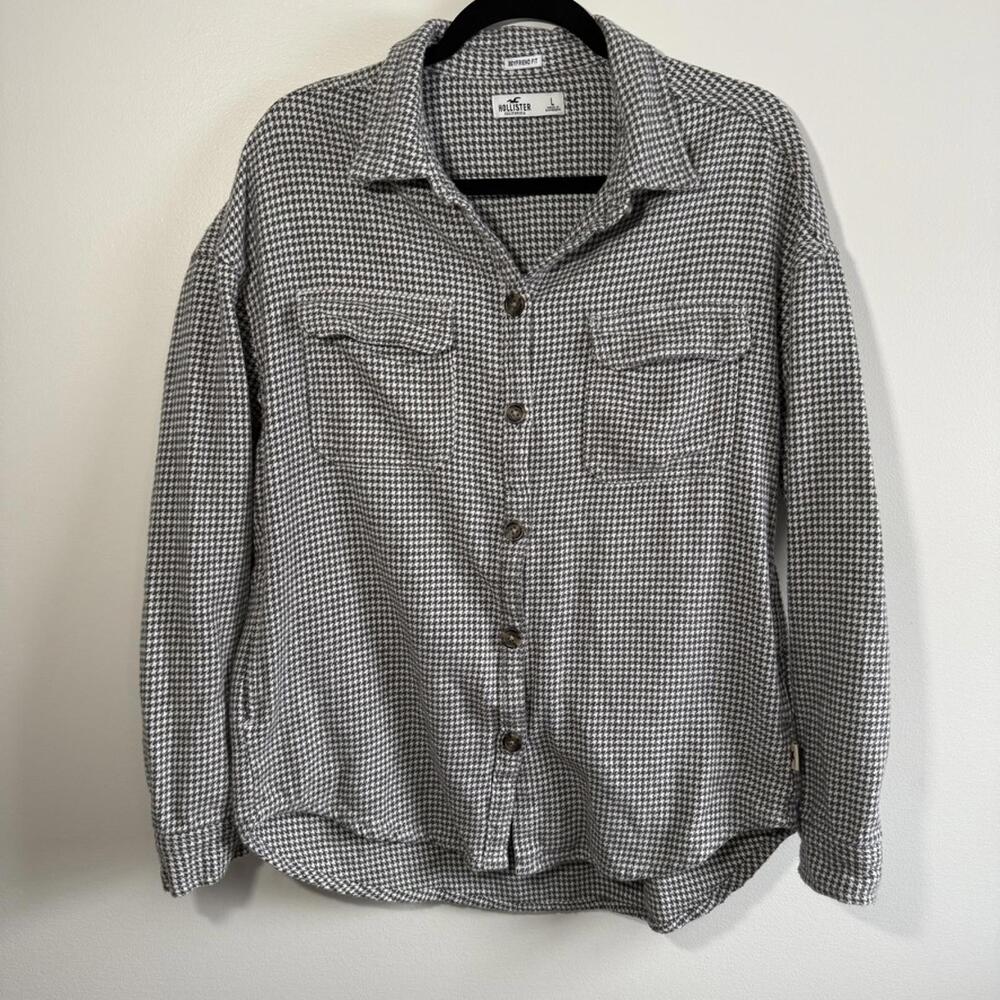 Hollister Shacket Flannel Houndstooth Women's Large Gray Boyfriend Fit Casual